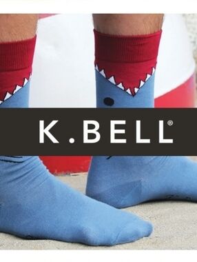 K. Bell Men's Novelty Crew Socks, Blue and Red, Shark Mouth Shoe Size 12-16